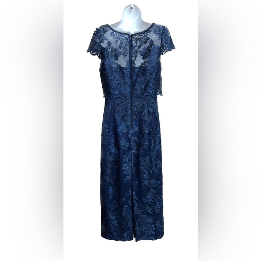 Adrianna Papell sz 6 sapphire navy blue lace sheath dress with short sleeves - Picture 4 of 6